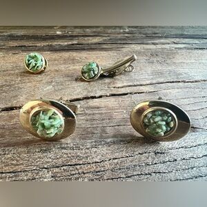 Gold-Tone Green Jadeite Cluster Cufflink. Pin,  and Tie Clip Set
